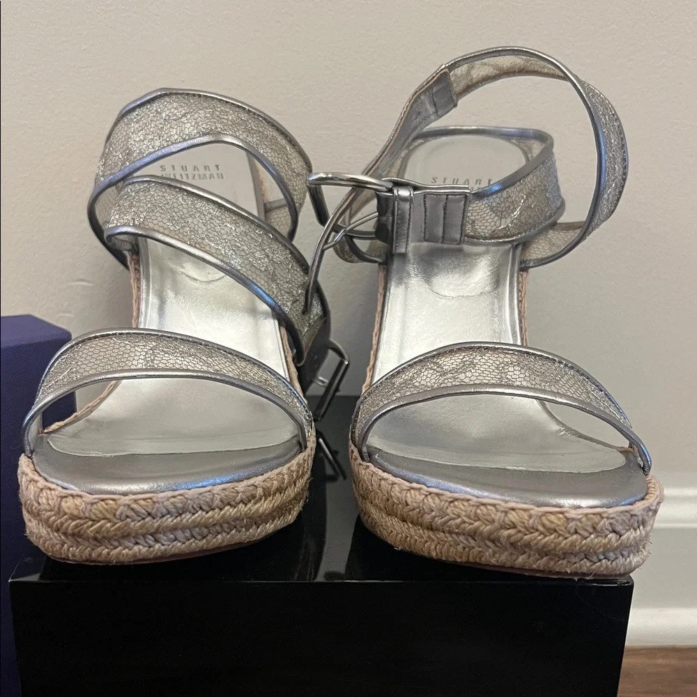 Stuart Weitzman Metallic Silver Espadrille Wedge Sandals - Picture 2 of 9